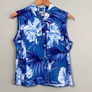 Hilo Hattie Hawaiian Aloha Top Sleeveless Button Up Womens Small Blue Floral